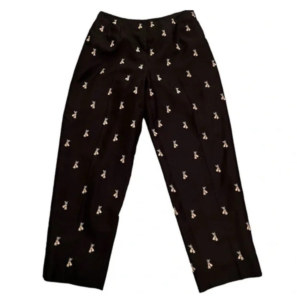 Talbots 100% Silk Embroidered Pants Crop High Rise Black with Gold Tassels sz 16